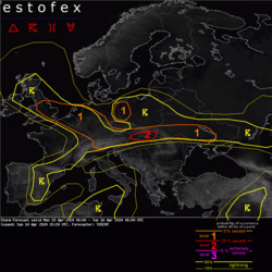 ESTOFEX is 2-es jelzést adott ki a várható heves zivatarok, szupercellák miatt.