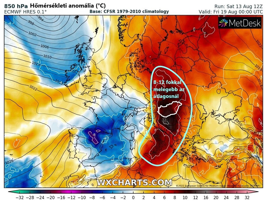 Hőm.-anomália előrejelzés a 850 hPa-s szintre az ECMWF alapján