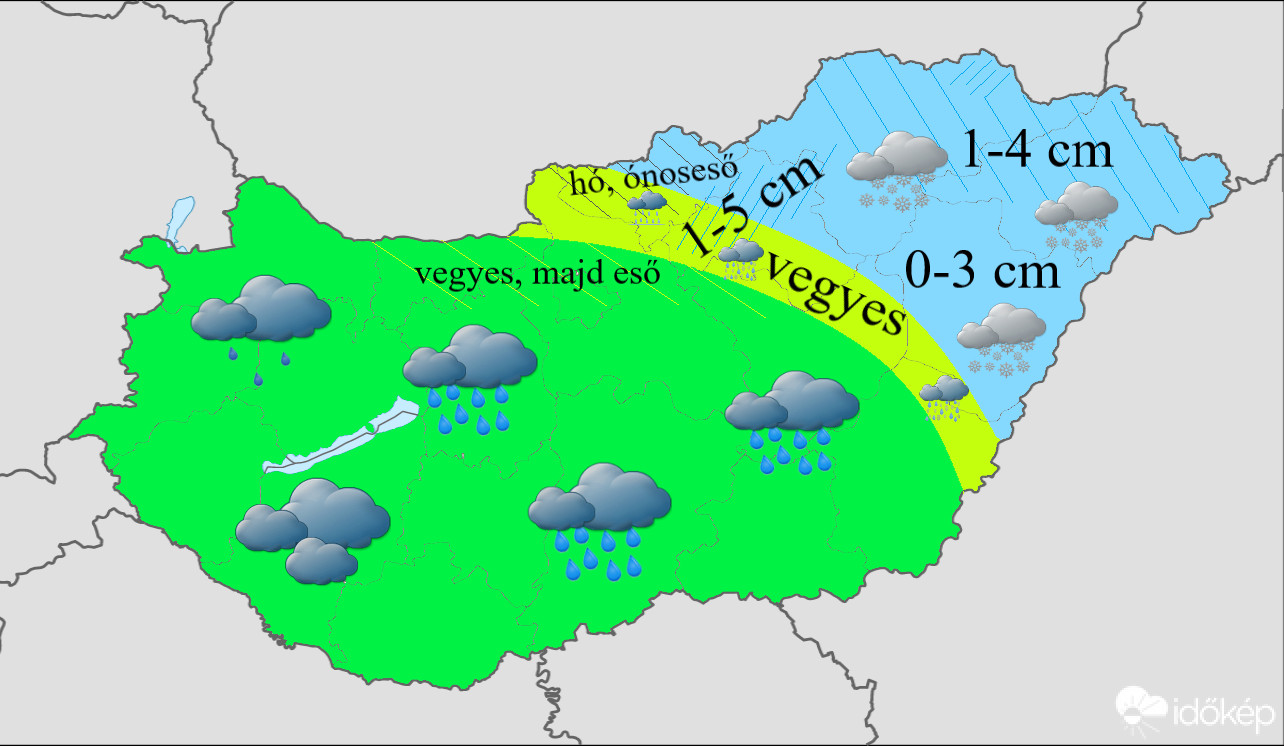 Éjszaka folytatódik a csapadéktevékenység, nyugat felől esőbe vált a vegyes csapadék, észkkeleten tarthat ki legtovább a hó.