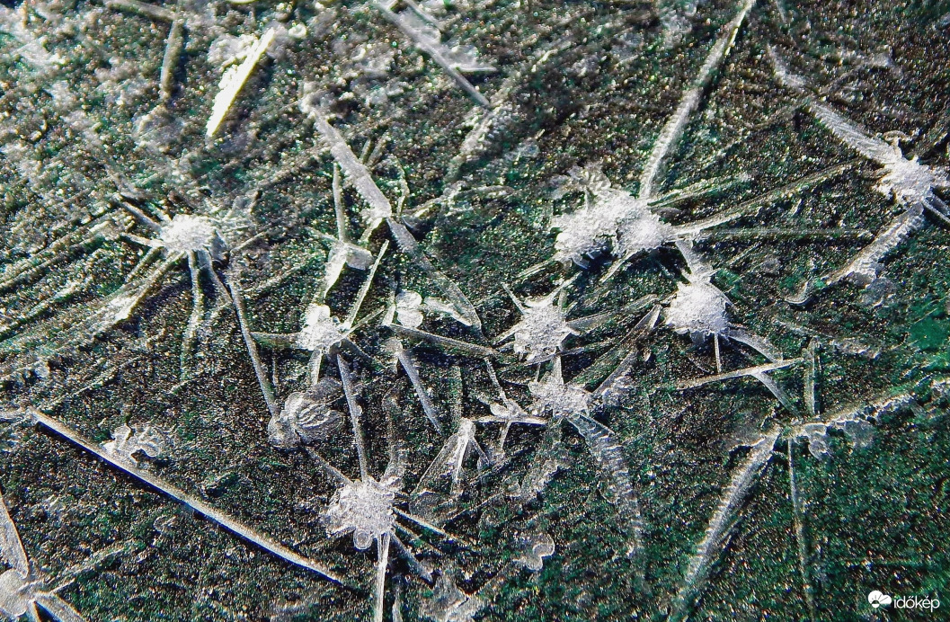 Jeges eső után egy stég deszkáján